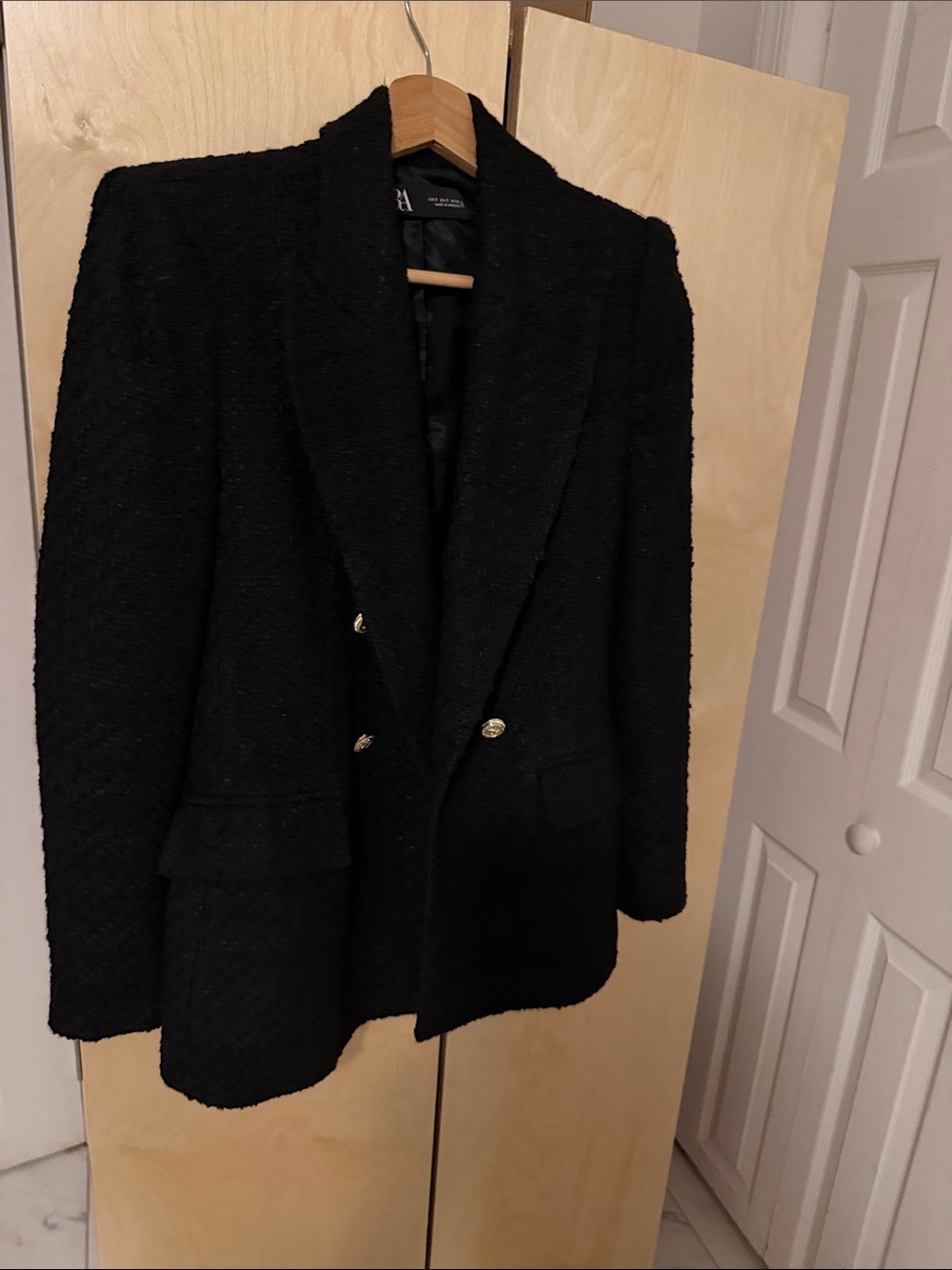 Zara Black Textured Double-Breasted Blazer Gold Buttons Size S